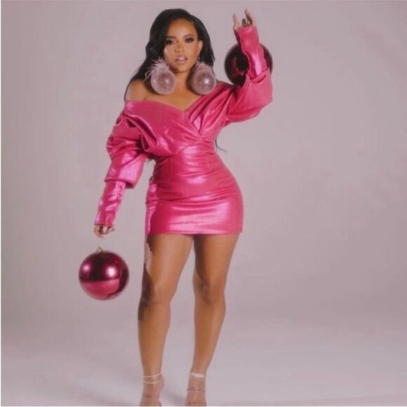 NORDSTROM x Nichole Lynel NWT Off the Shoulder Minidress Hot Pink Metallic Small - Picture 6 of 7